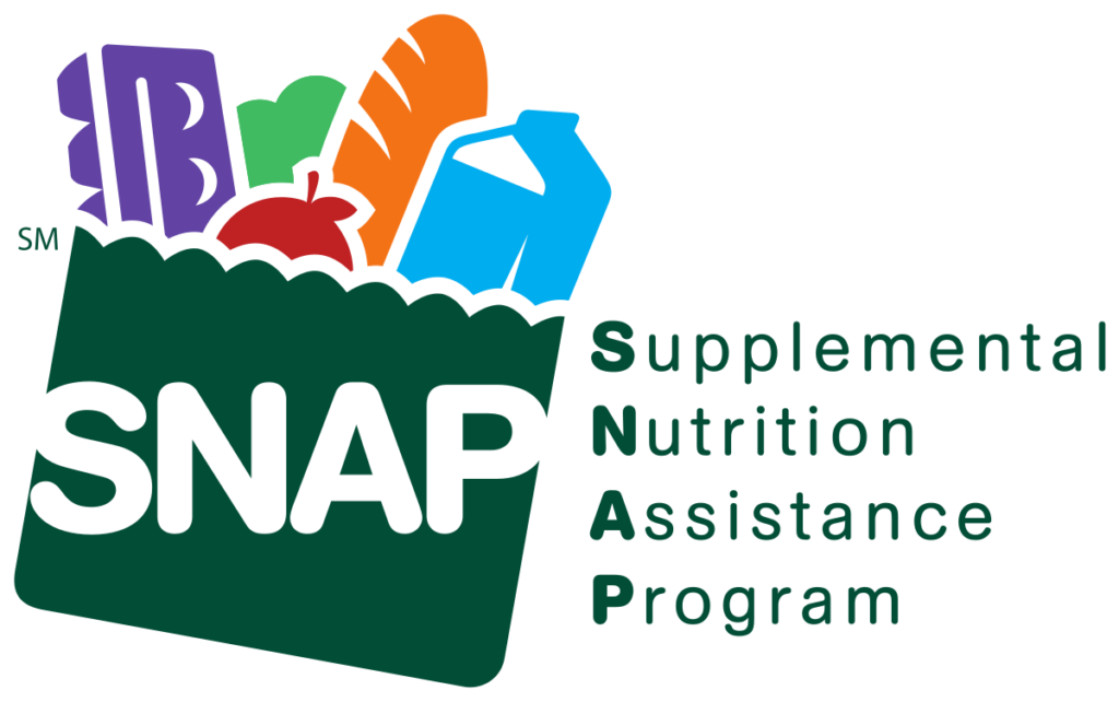 SNAP logo featuring groceries like bread, milk, and a tomato in a shopping bag.