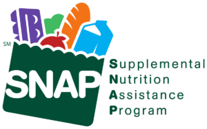 SNAP logo featuring groceries like bread, milk, and a tomato in a shopping bag.