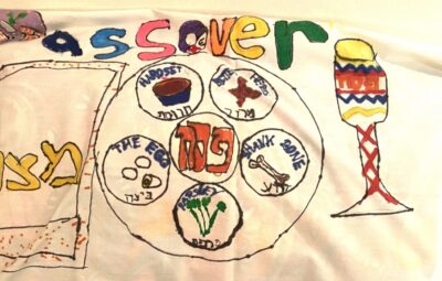 Colorful Passover seder plate illustration with food items and a wine cup.