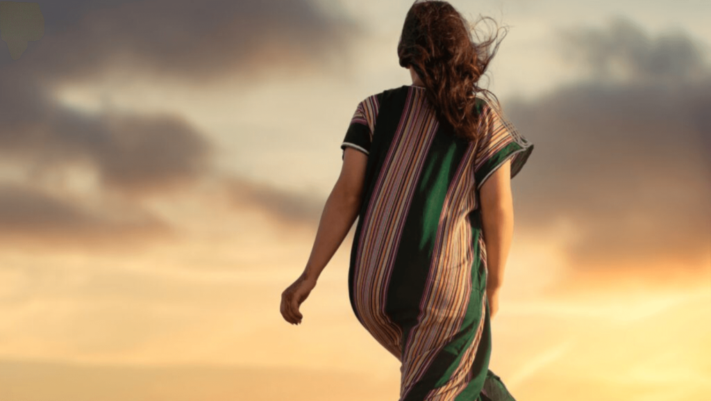 The back of a woman in a striped dress outside at sunset