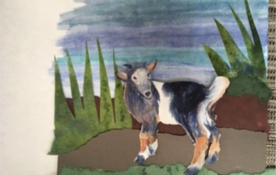 Collage of a goat standing on a path with a blue sky and green foliage in the background.