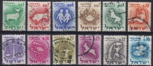A collection of vintage Israeli zodiac stamps featuring different animals and symbols in various colors.