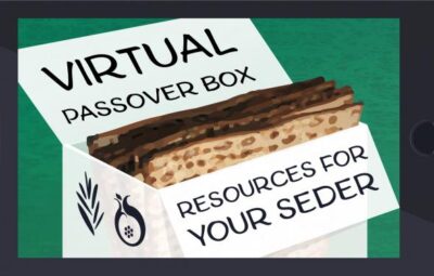 Illustration of a tablet displaying Virtual Passover Box: Resources for Your Seder with matzo graphics.
