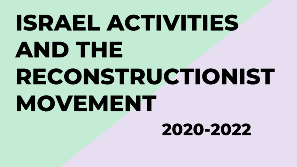 Text reading Israel Activities and the Reconstructionist Movement 2020-2022 on a green and purple background.