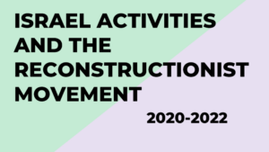 Text reading Israel Activities and the Reconstructionist Movement 2020-2022 on a green and purple background.
