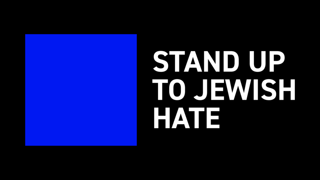 A blue square and white text on black background: Stand up to Jewish hate.