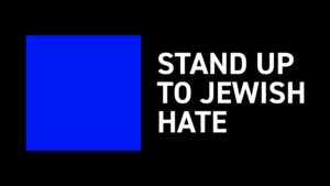 A blue square and white text on black background: Stand up to Jewish hate.