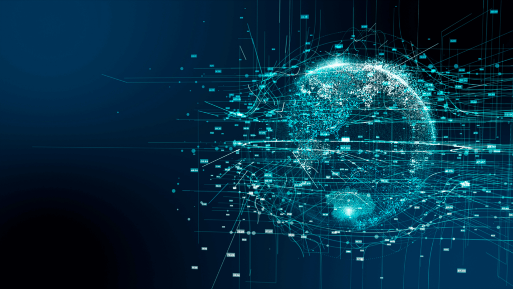 A graphic of electrical communication signals connecting around the globe, signifying AI