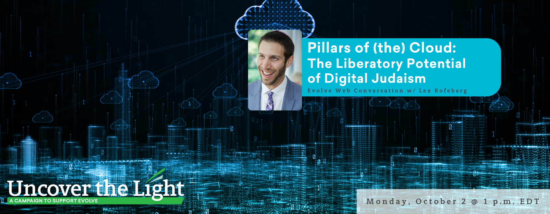 Promotional image for a digital Judaism event with text and a mans photo against a cityscape and cloud design.
