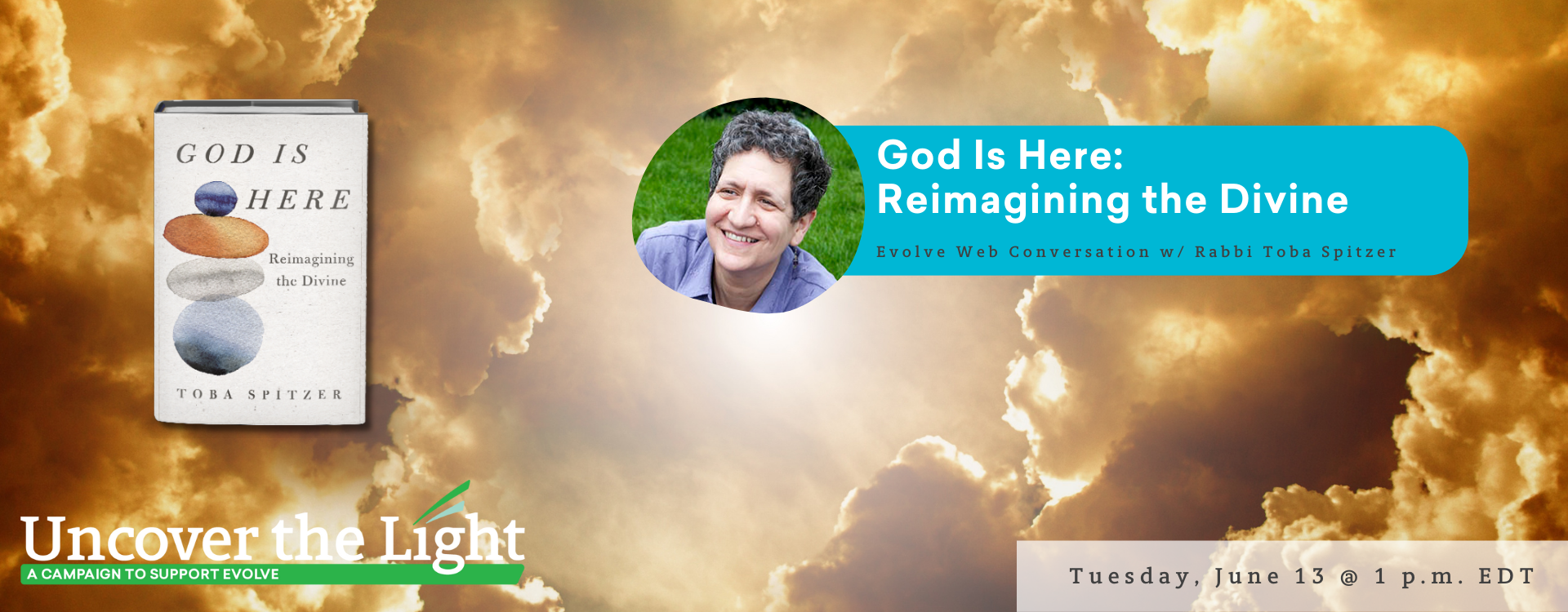 Book cover with stones, text about an event with Rabbi Toba Spitzer, and date: Tuesday, June 13 @ 1 p.m. EDT.