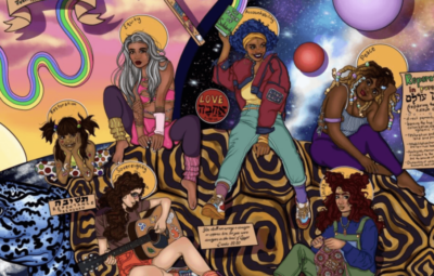 Colorful illustration of diverse women with musical instruments and banners, set against a vibrant cosmic backdrop.