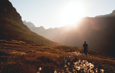 Person walking in a sunlit mountain landscape with wildflowers in the foreground.