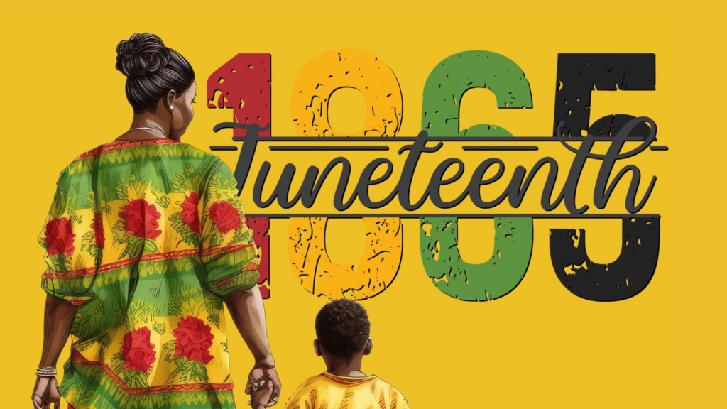 An adult and child in colorful clothing stand before 1865 Juneteenth text on a yellow background.