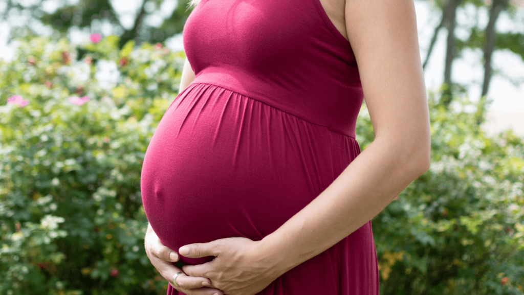 Close-up of a pregnant woman in a magenta dress.