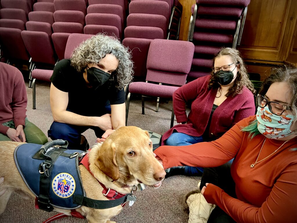 Teddy is greeted by Reconstructionist Rabbinical College students.