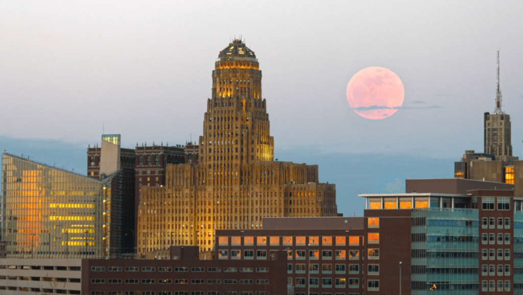 Sun setting over downtown Buffalo, New York