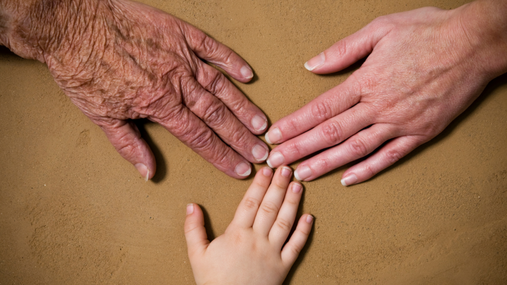Three hands (one old, one adult, one a child) touching at the fingertips