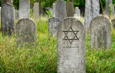 Old Jewish gravestones with Star of David in a grassy cemetery.