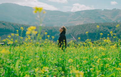 Person standing in a field of yellow flowers, gazing upward, with mountains and a cloudy sky in the background.