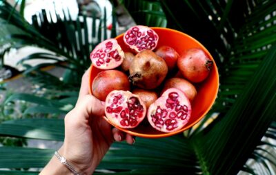 Hand holding a bowl of whole and halved pomegranates against a background of lush green palm leaves.