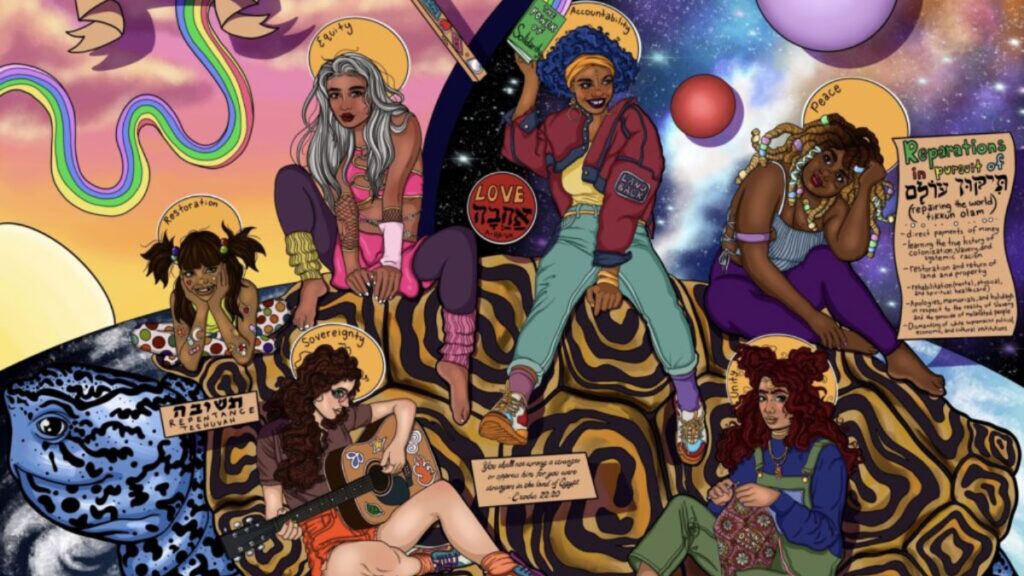 Colorful illustration of diverse women in futuristic clothing sitting on a patterned surface against a cosmic background.