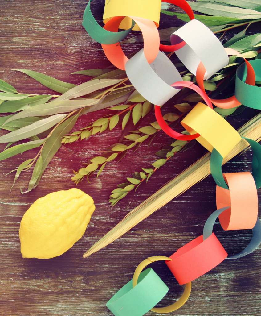 Colorful paper chain, etrog, and willow branches on a wooden surface.
