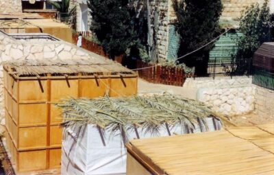 Temporary wooden shelters with thatched roofs in a courtyard, surrounded by stone buildings and trees.