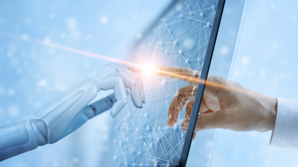 A robot hand and a human hand touch a digital screen with a glowing network pattern.