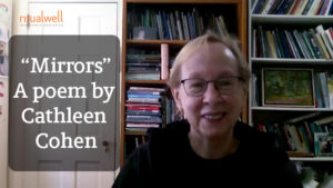 Person smiling in front of bookshelves; text reads Mirrors, A poem by Cathleen Cohen.