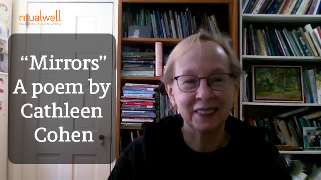 Person smiling in front of bookshelves; text reads Mirrors, A poem by Cathleen Cohen.