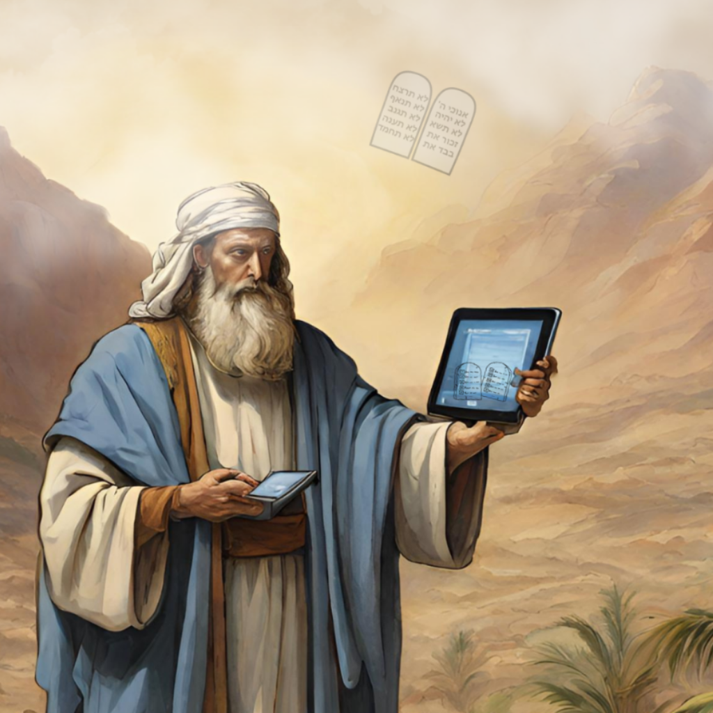 Ancient figure holding tablets resembling modern devices with digital screens in a desert landscape.