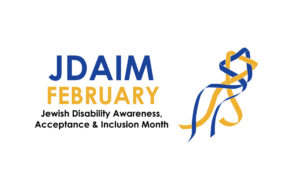 JDAIM February logo: Jewish Disability Awareness, Acceptance & Inclusion Month with ribbon design.