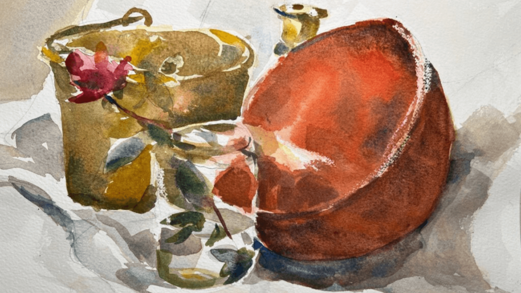 Watercolor still life of a cup holding a flower, a bucket, and a bowl