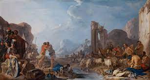 The 17th century painting "Reconciliation of Jacob with Esau" by Johann Heinrich Schönfeld.