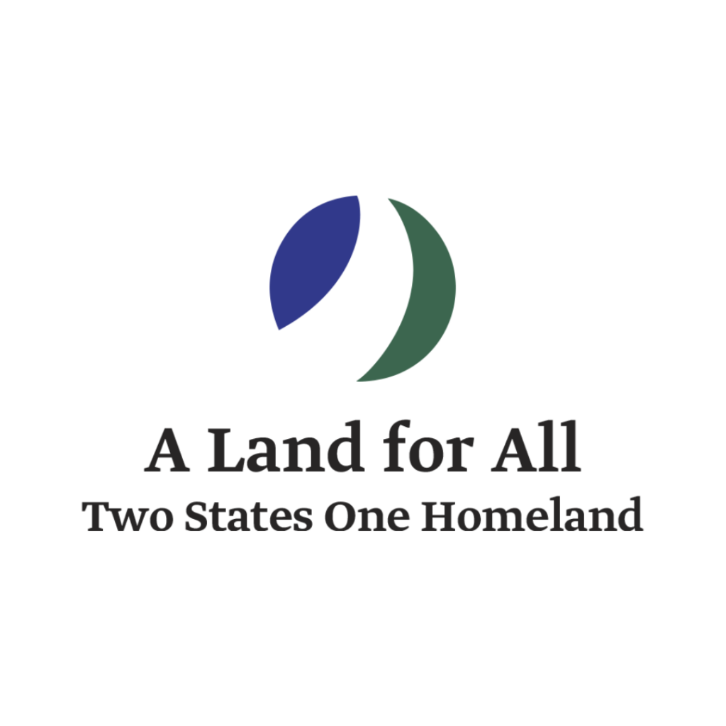 Logo with a blue and green leaf design, text reads A Land for All: Two States One Homeland.