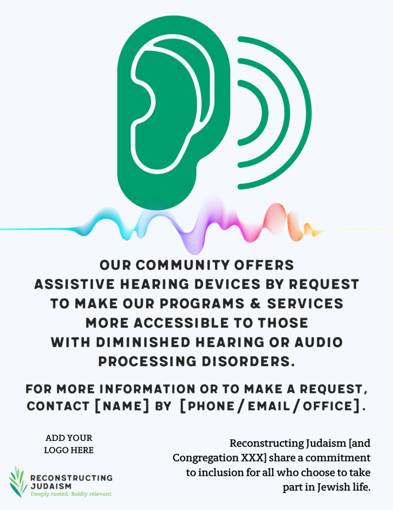 Graphic offering assistive hearing devices for accessibility in programs and services, with contact information.