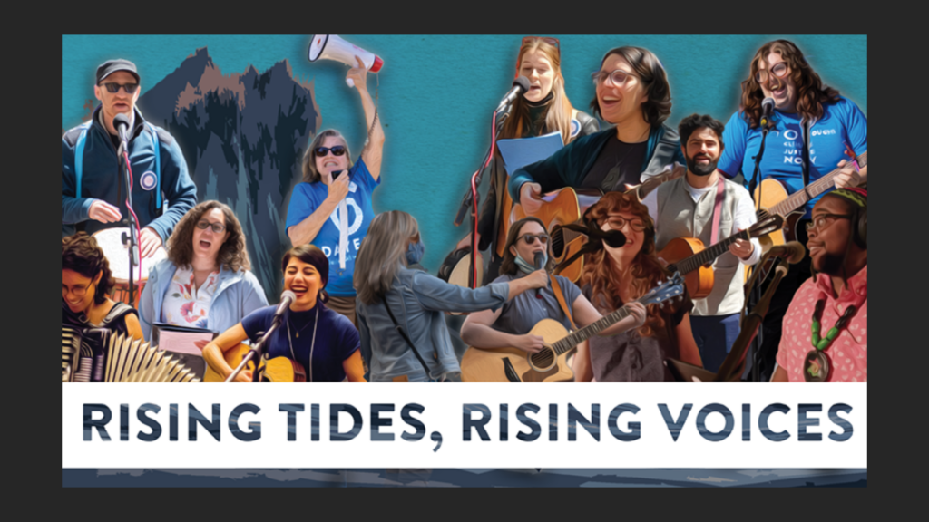 People singing and playing instruments with the text Rising Tides, Rising Voices at the bottom.
