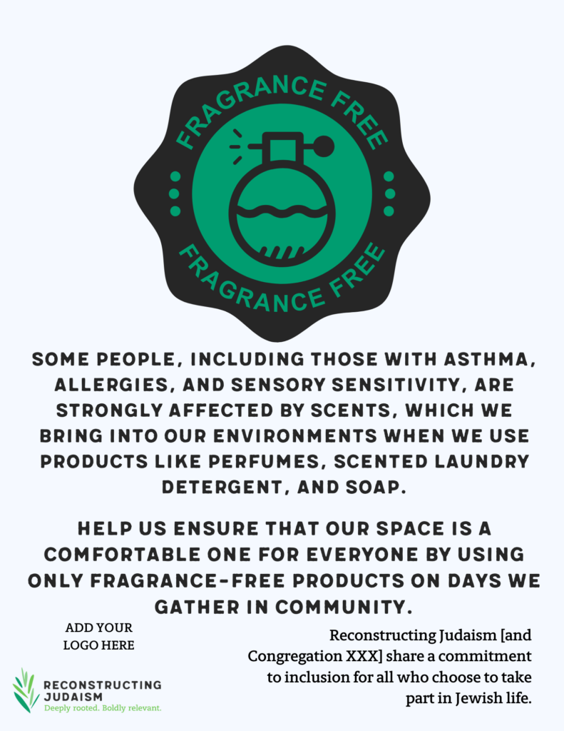 Fragrance-free sign with text about using fragrance-free products for community comfort.
