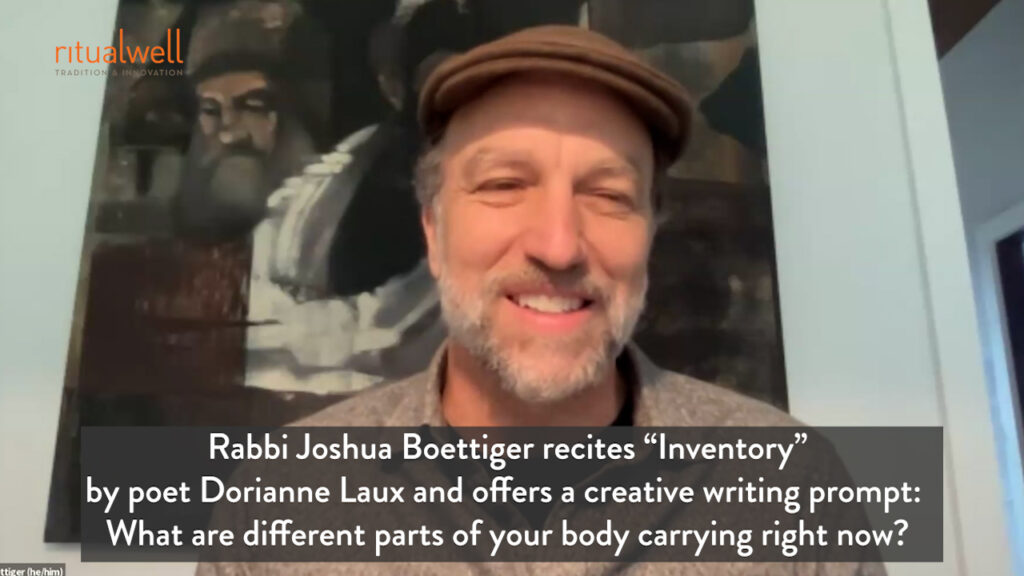 Smiling man in a hat, text overlay about Rabbi Joshua Boettiger reciting poetry and offering a creative writing prompt.