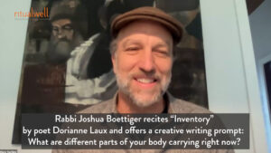 Smiling man in a hat, text overlay about Rabbi Joshua Boettiger reciting poetry and offering a creative writing prompt.