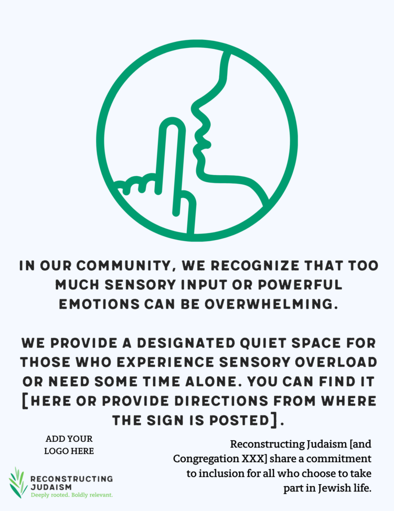Silhouette of a person with a finger over lips, text about providing a quiet space for sensory overload.