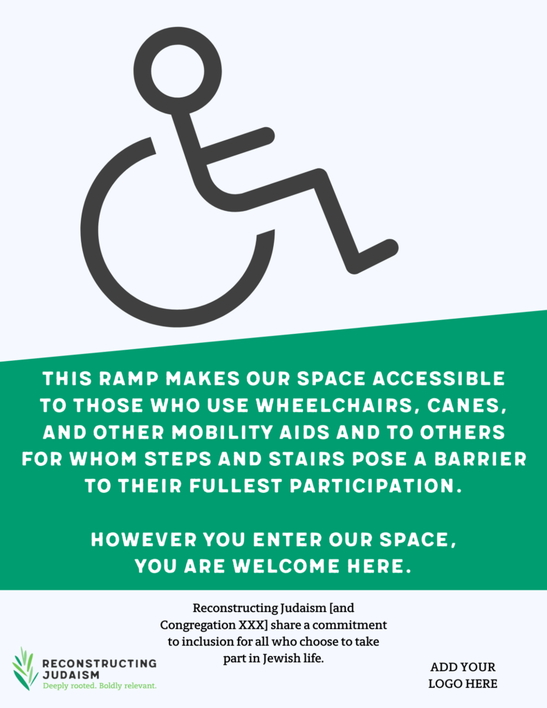 Accessible ramp sign with symbolic wheelchair icon and inclusive message for all with mobility aids.