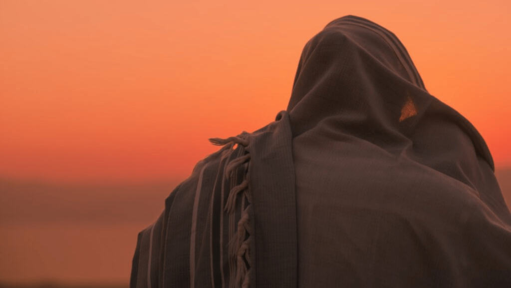 The back of a figure shrouded in black against an orange sky