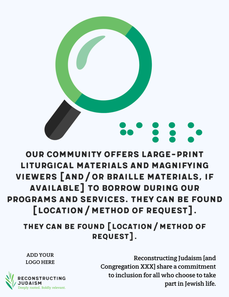 Magnifying glass with text about large-print and Braille materials availability for community programs and services.