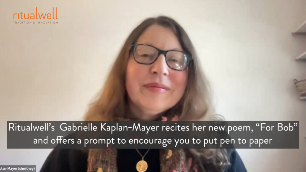 Woman speaking in a video with text overlay about a poetry reading and writing prompt.