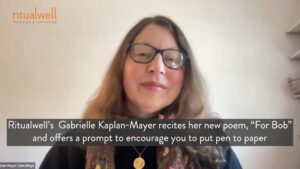Woman speaking in a video with text overlay about a poetry reading and writing prompt.