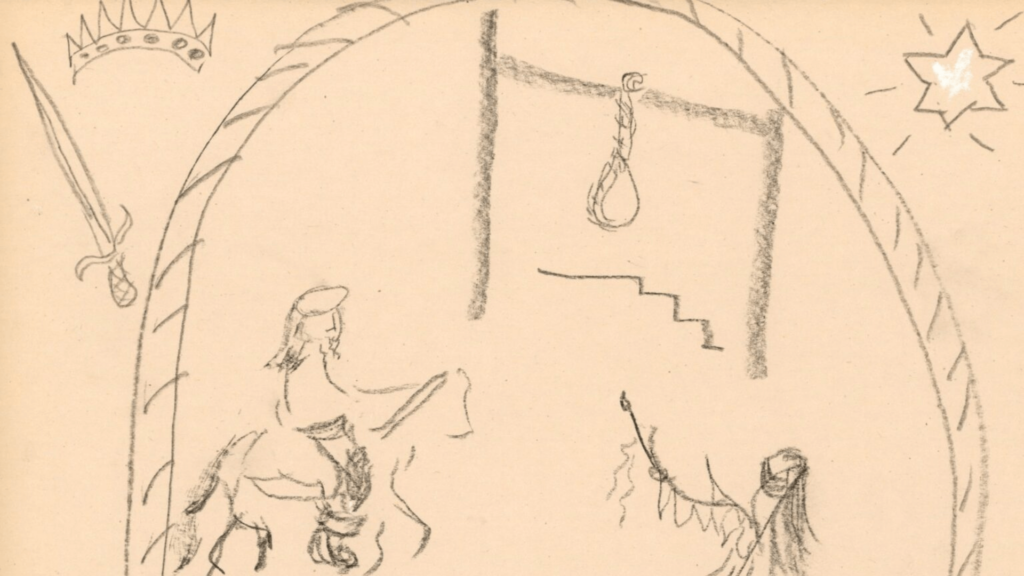 Pencil sketch of a scene from the Purim story