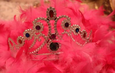 A jeweled tiara surrounded by vibrant pink feathers.