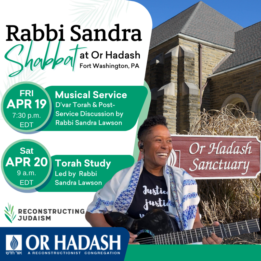 Rabbi Sandra Shabbat event flyer with musical service, Torah study, and Or Hadash Sanctuary background.