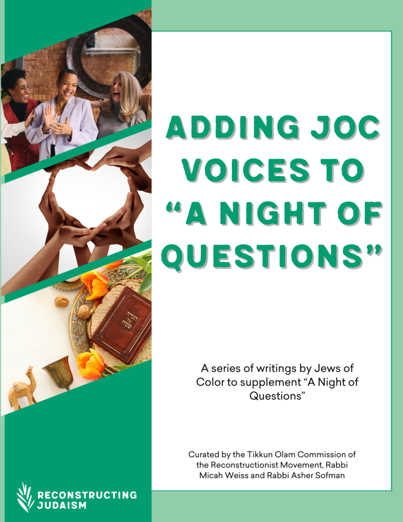 Book cover with diverse people, text: Adding JOC Voices to A Night of Questions. Jewish symbols, food included.
